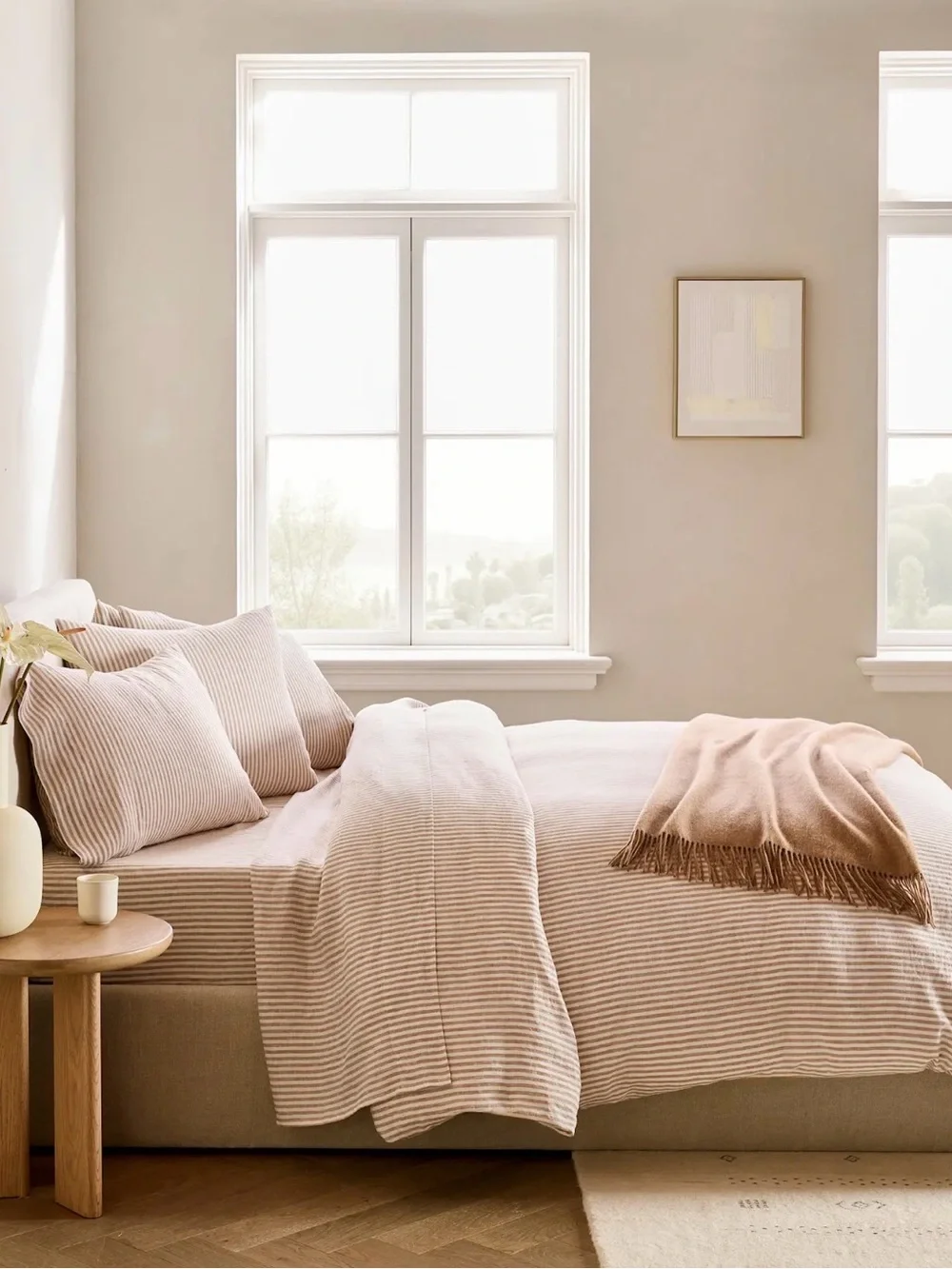 Quince NWOT European Linen Duvet Cover Set in Latte and White Stripe King 988